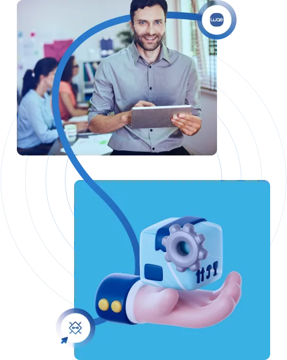 Profissional com tablet ligado a ilustração de mão segurando um pacote com engrenagem